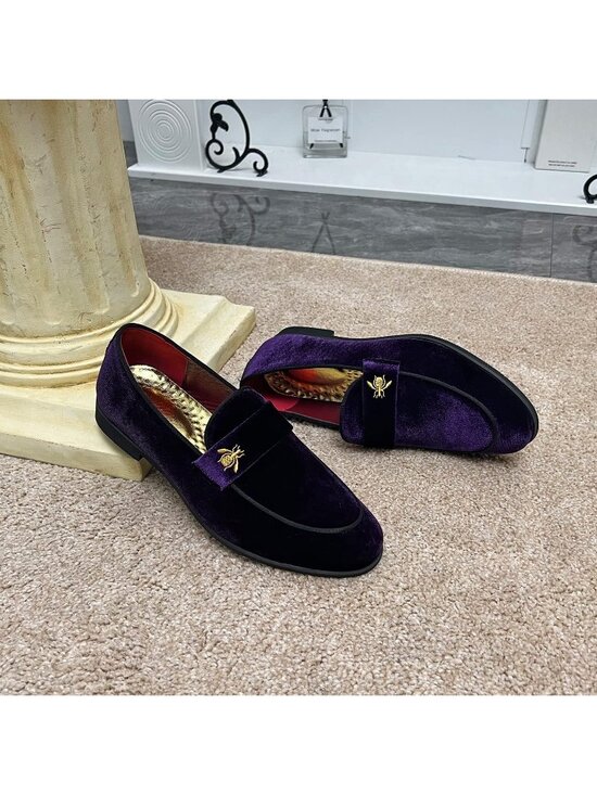 Men\'s Purple Velvet Penny Loafers Metal Buckle Slip On Luxury Suede Formal Shoes main image 6